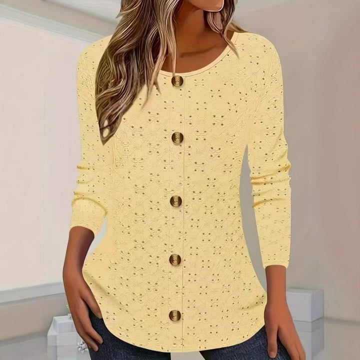 Damen Langarm Blusenshirt mit dekorativen Knopfdetails und filigranem Lochmuster Drune