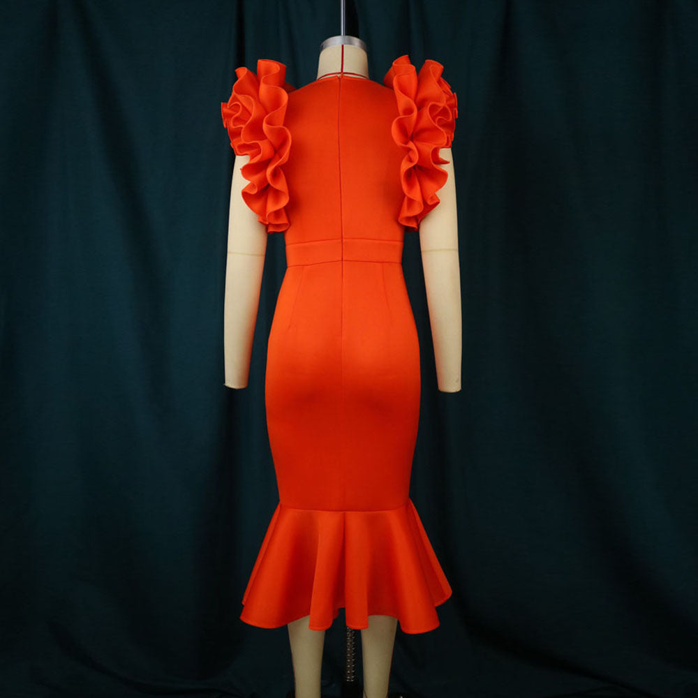 Damen figurbetontes Kleid mit voluminösen Rüschensäumen Drune