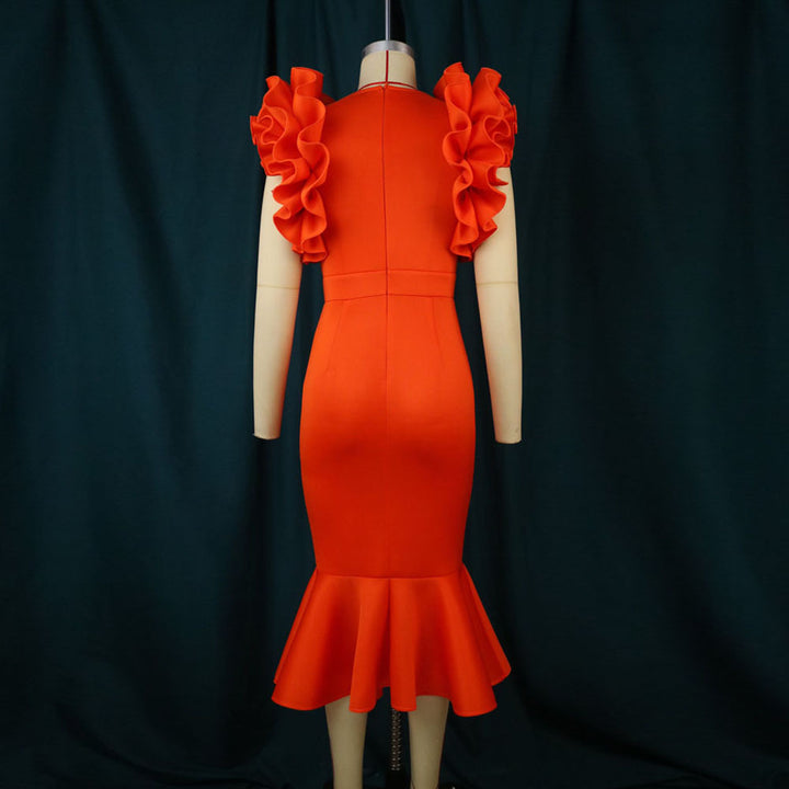 Damen figurbetontes Kleid mit voluminösen Rüschensäumen Drune