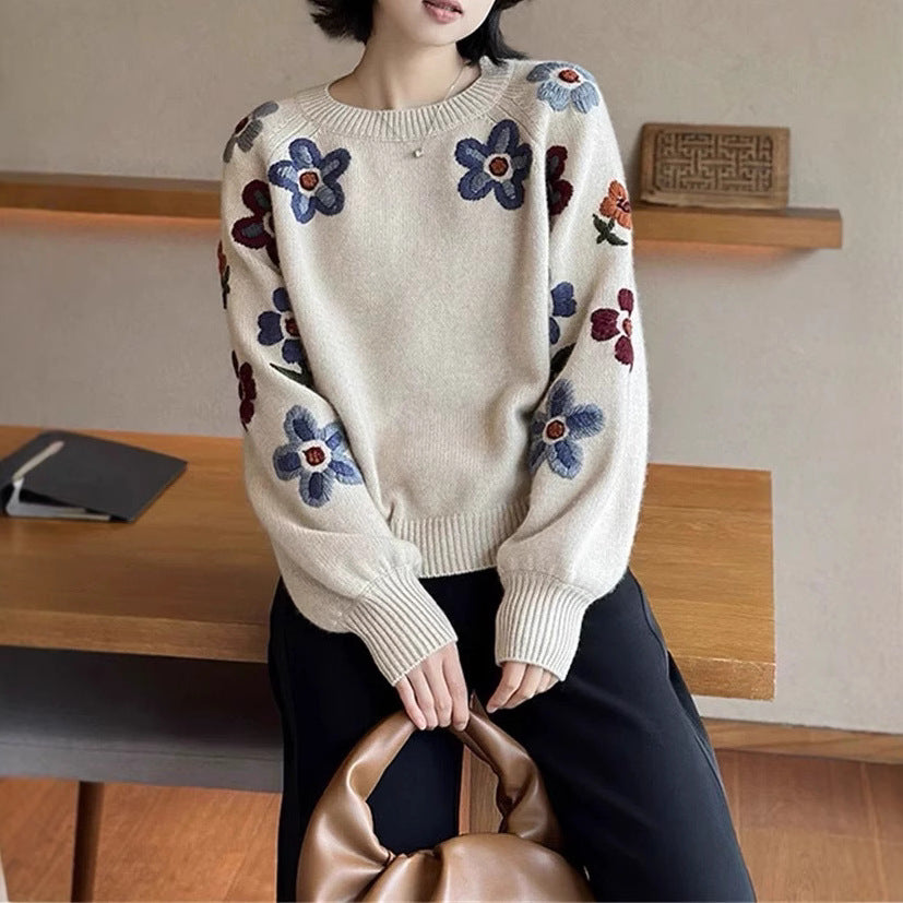 Damen modischer Pullover mit floralem Stickdesign Drune