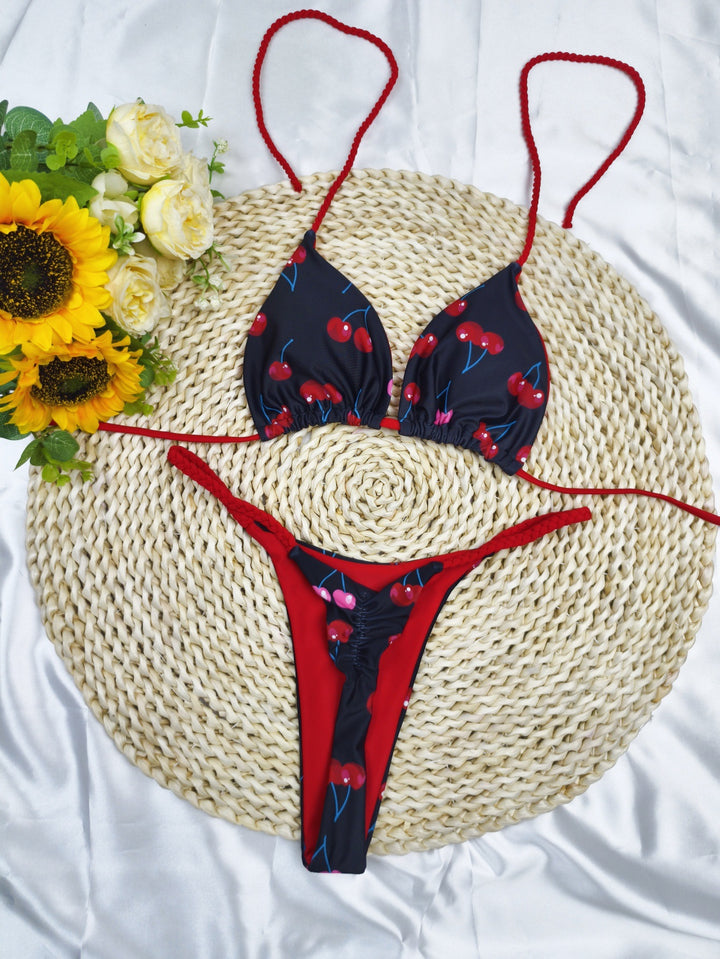 Damen Triangel-Bikini-Set mit fröhlichem Kirschmuster und verstellbaren Trägern Drune