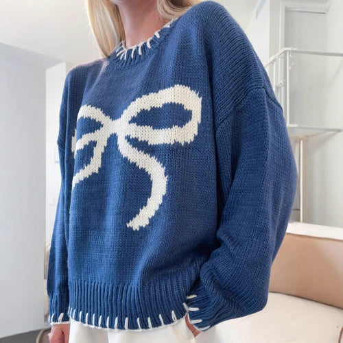 Damen lässiger Pullover mit kontrastierenden Schleifen-Detail und geripptem Saum Drune