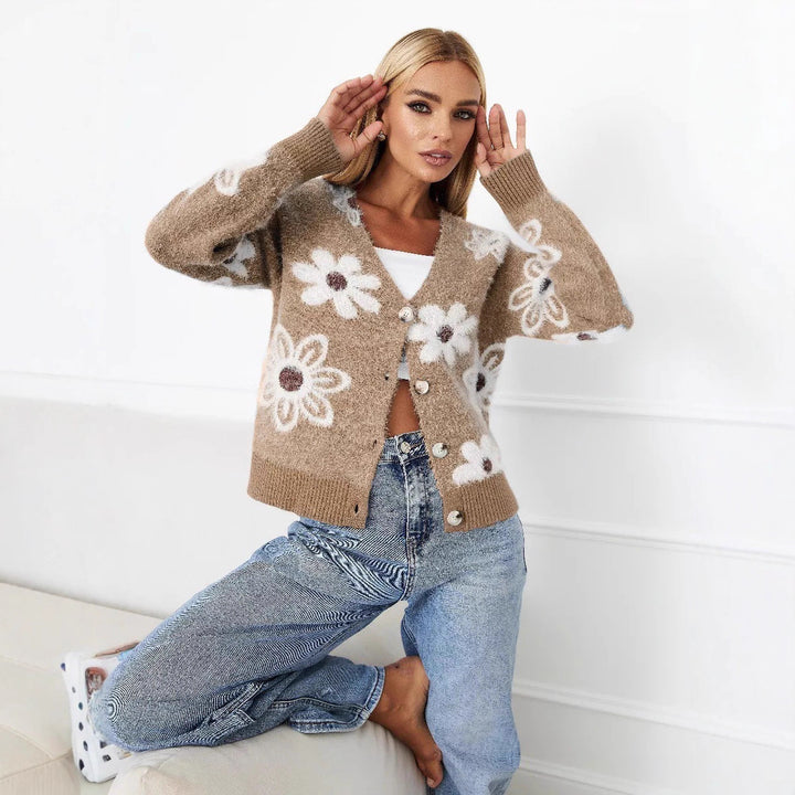 Damen Strickjacke mit floralem Design und Knopfdetails Drune