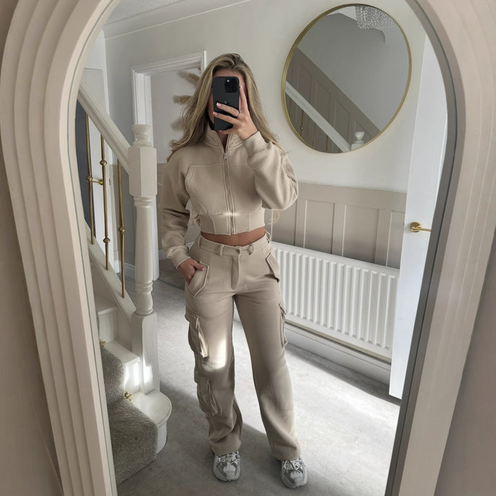 Damen modisches Cropped Jacken- und Cargo-Hosen-Set Drune