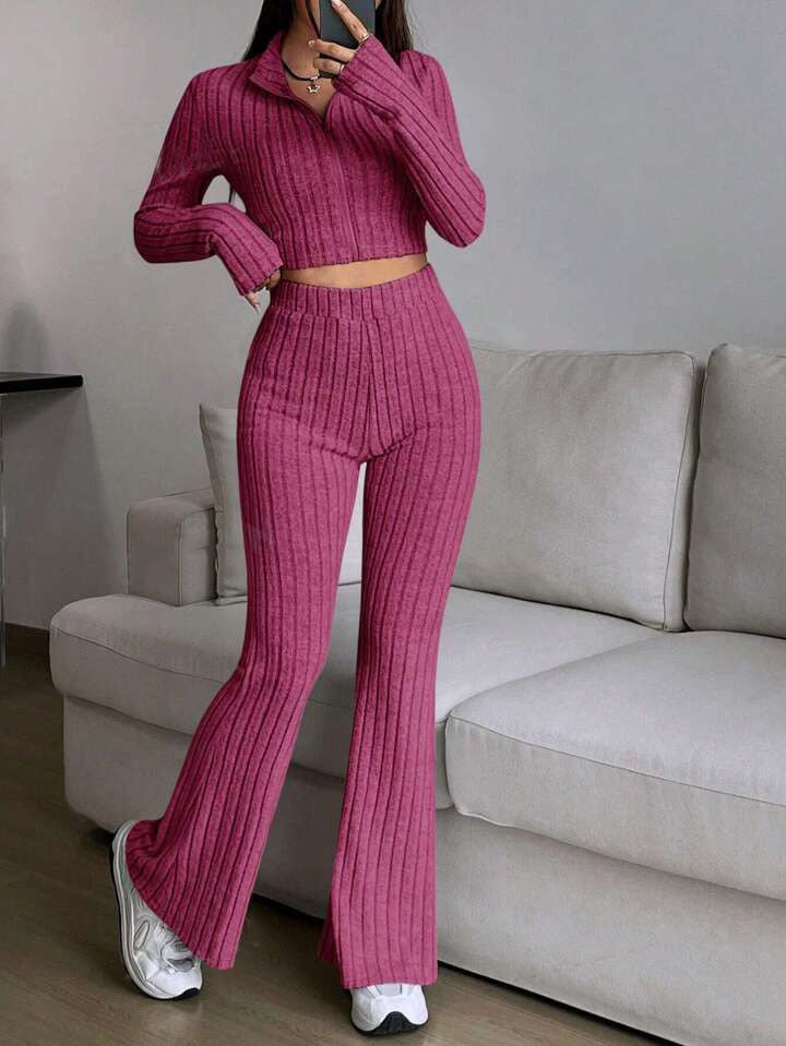 Damen modisches Strick-Loungewear-Set mit hohem Bund Drune