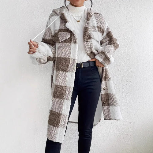 Damen Plüschige Karojacke im Oversized-Stil mit Knopfleiste Drune