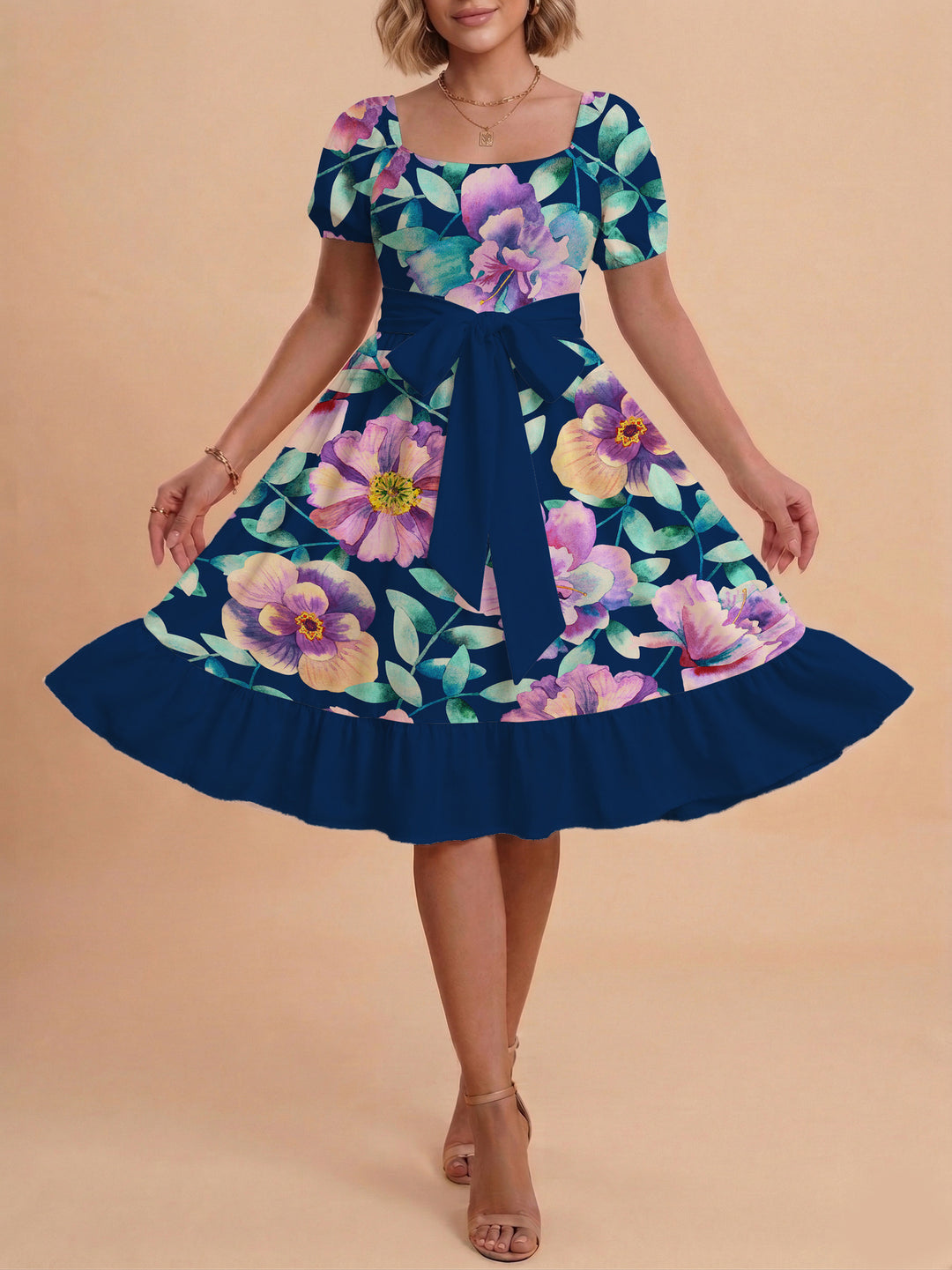 Damen Blumenkleid mit taillierbarem Gürtel und voluminösen Ärmeln Drune