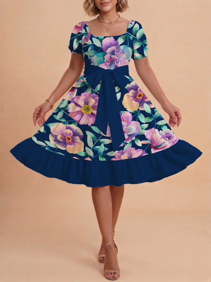 Damen Blumenkleid mit taillierbarem Gürtel und voluminösen Ärmeln Drune