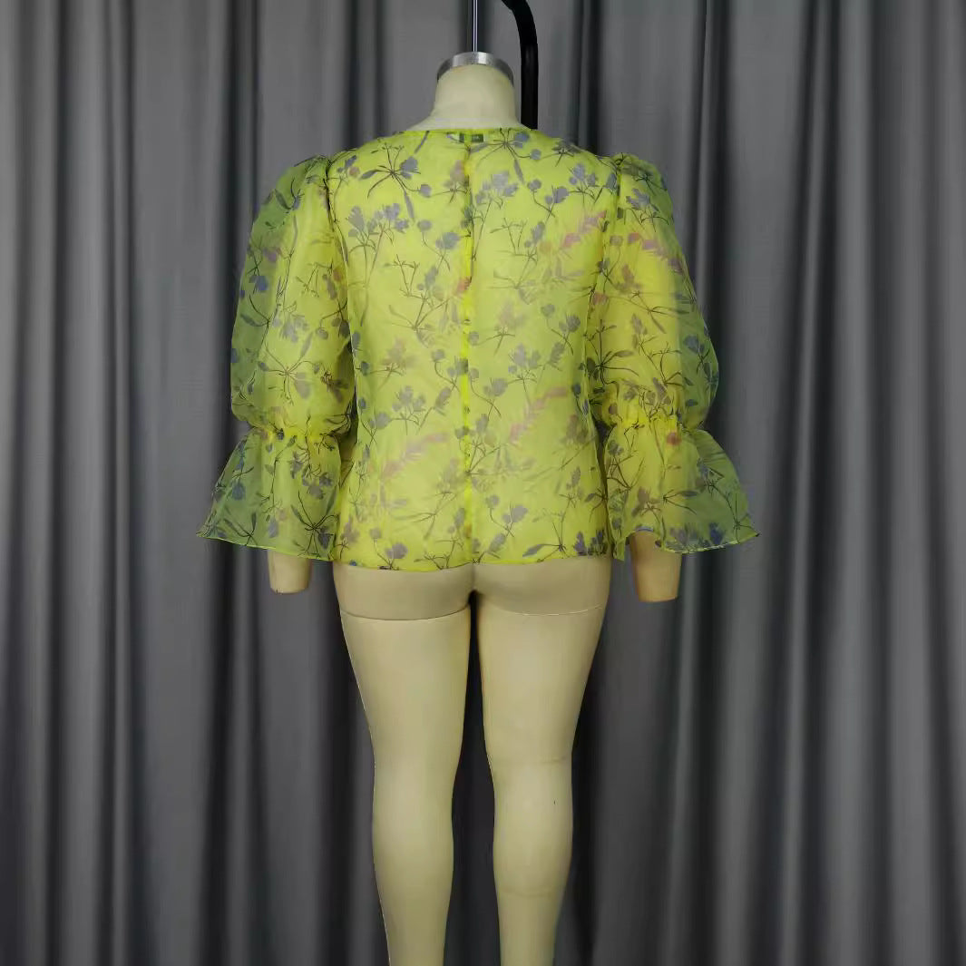 Damen blumige Chiffonbluse mit voluminösen Ärmeln Drune