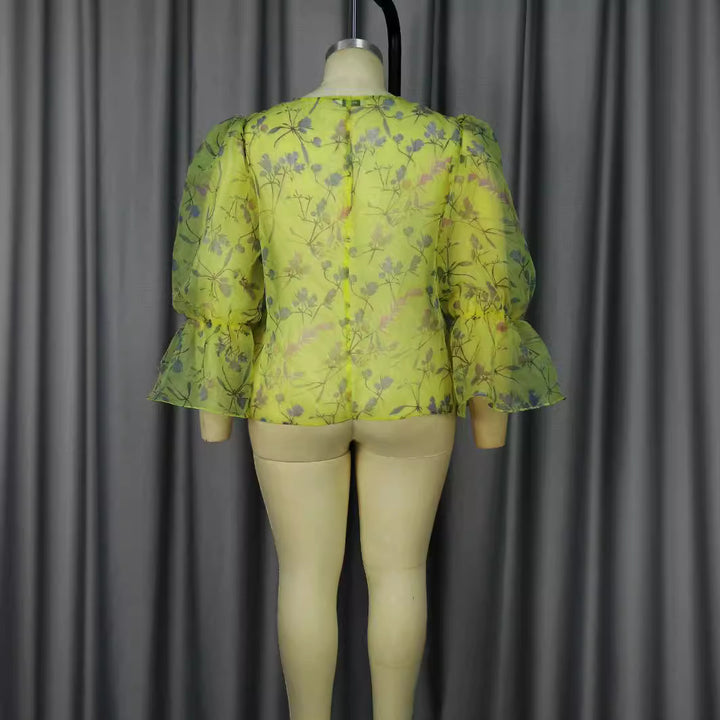 Damen blumige Chiffonbluse mit voluminösen Ärmeln Drune