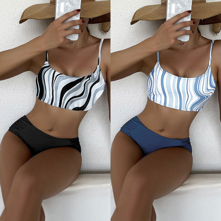 Damen Bikini-Set mit gestreiftem Oberteil und hohem Bund Drune