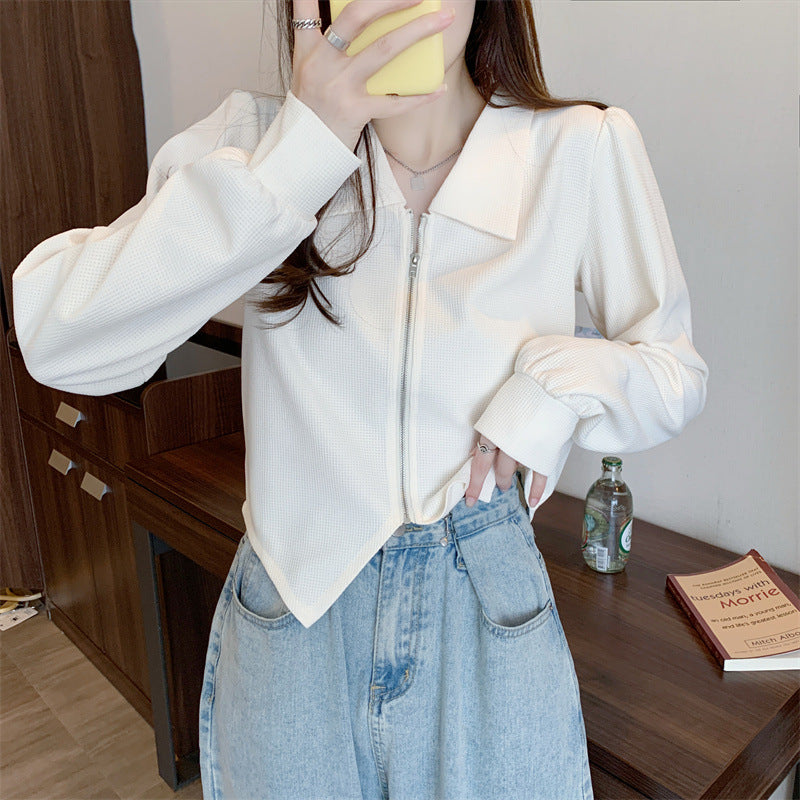 Damen modische cropped Jacke mit Reißverschluss und elegantem Kragen Drune