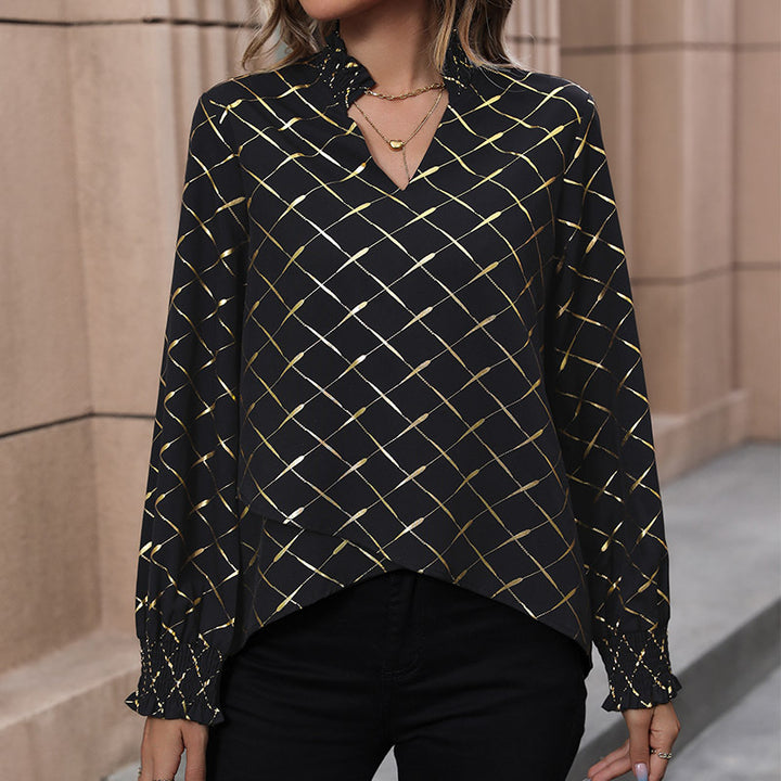 Damen Bluse mit elegantem Rautenmuster und hochgeschlossenen Kragen Drune