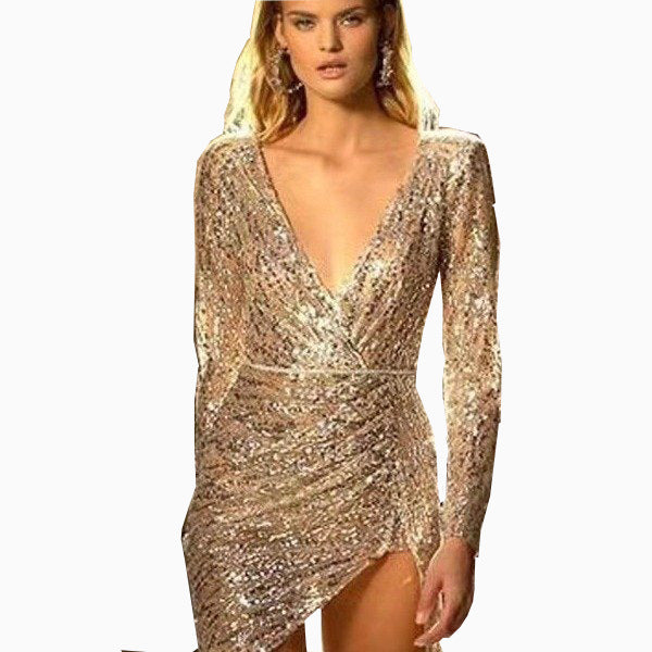 Damen Paillettenkleid mit tiefem V-Ausschnitt und schimmerndem Unterrock Drune