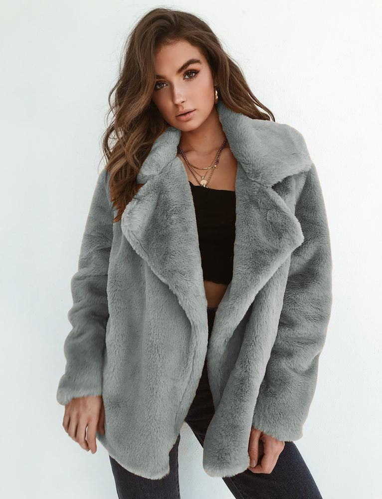 Damen Plüschige Oversized Jacke mit umschlagbarem Kragen und dezentem Schnitt Drune