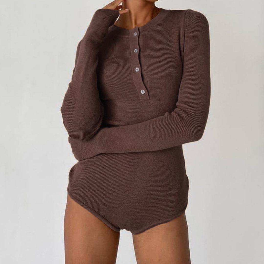 Damen Langarm-Bodysuit mit Knopfleiste und Rippstruktur Drune