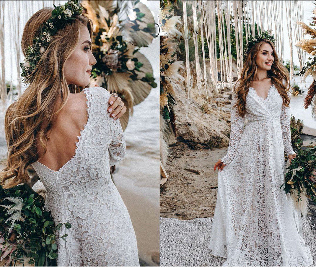 Damen Spitze Boho Hochzeitskleid Drune