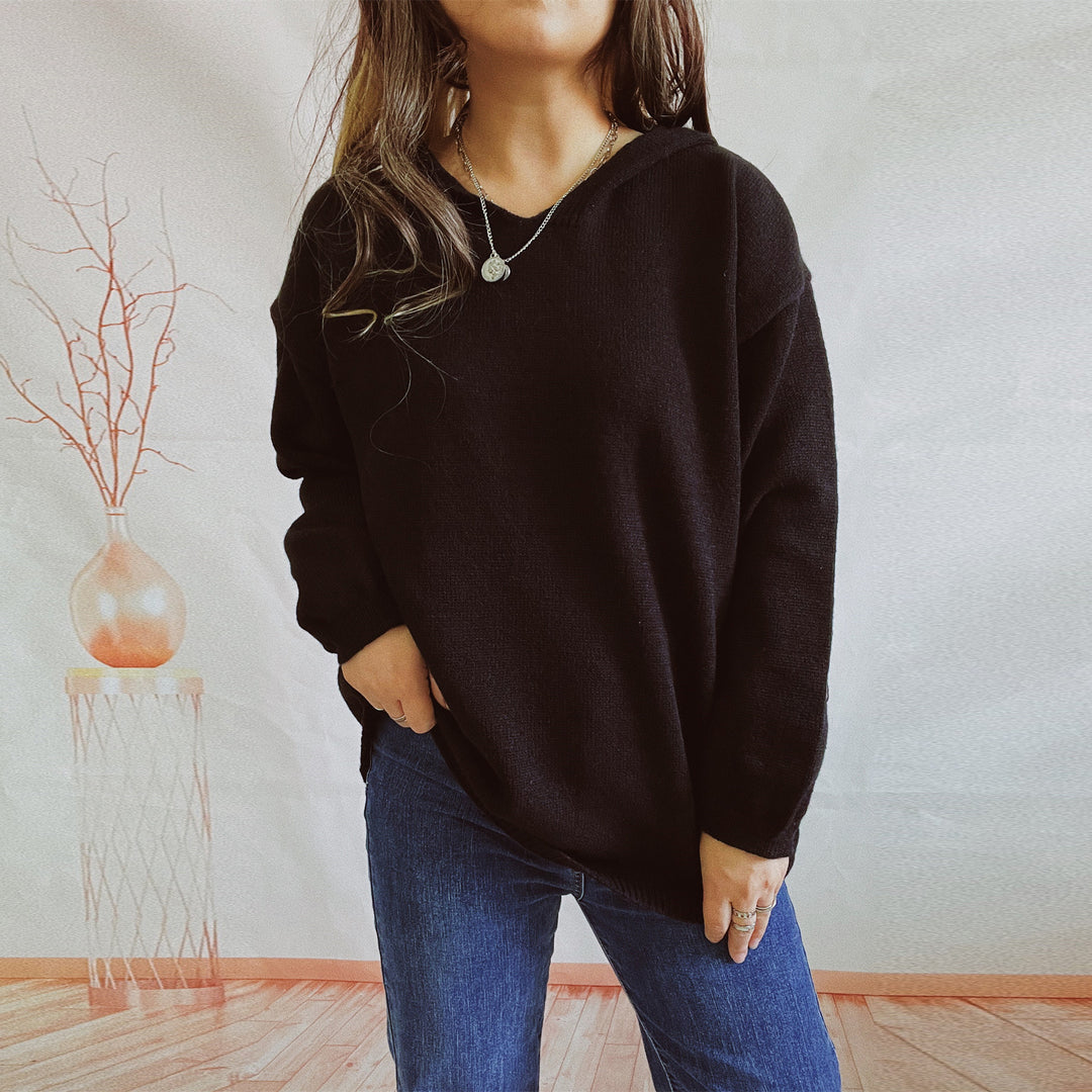 Damen lässiger Strickpullover mit Kapuze und weiten Ärmeln Drune
