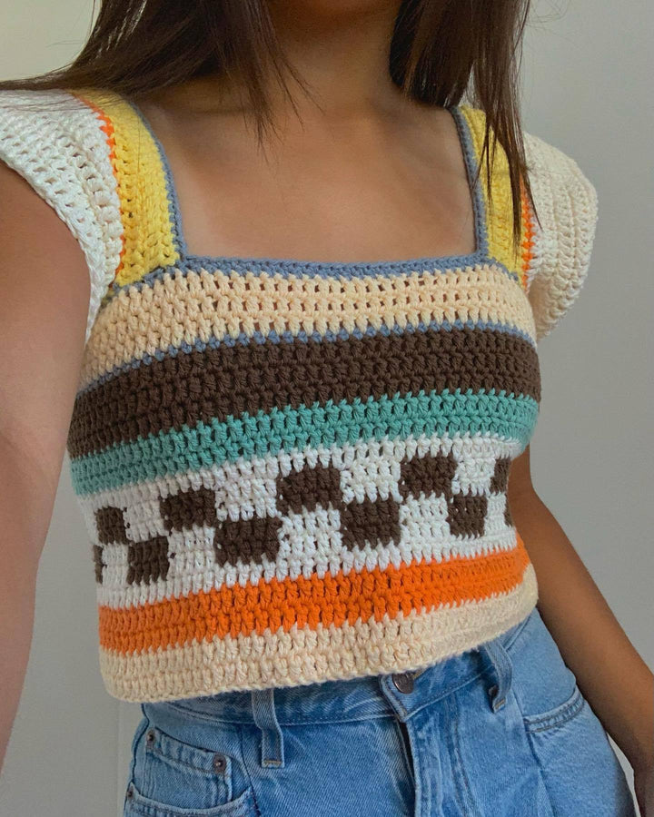 Damen gehäkeltes Crop-Top mit buntem Streifenmuster und Quadrat-Ausschnitt Drune
