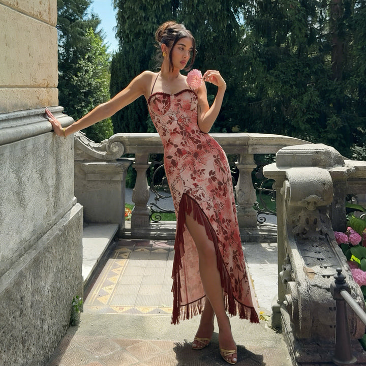 Damen asymmetrisches Floral-Maxikleid mit zartem Rüschensaum und verführerischem Schnitt Drune
