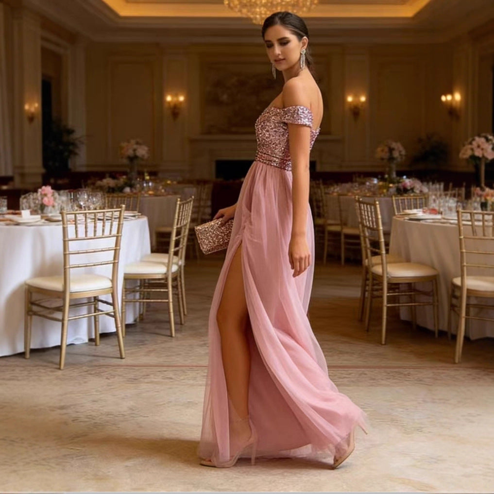 Damen Elegantes Abendkleid mit schulterfreiem Design und funkelnden Applikationen Drune