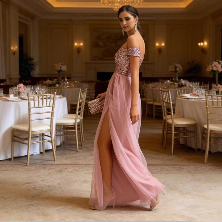 Damen Elegantes Abendkleid mit schulterfreiem Design und funkelnden Applikationen Drune