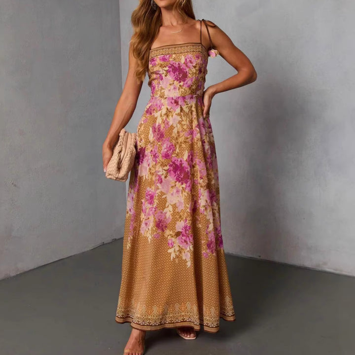 Damen Maxikleid im romantischen Bohemian-Stil mit floralen Akzenten und verstellbaren Trägern Drune