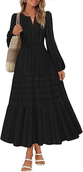 Damen Maxikleid mit eleganten Puffärmeln und gesmoktem Taillenbereich Drune