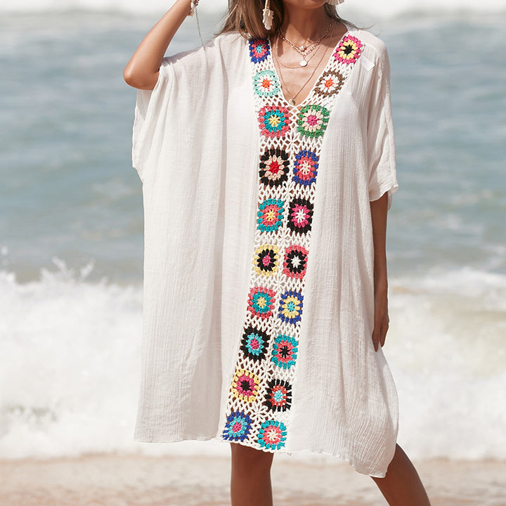 Damen Häkel-Strandtunika im lässigen Oversize-Stil mit bunten Applikationen Drune