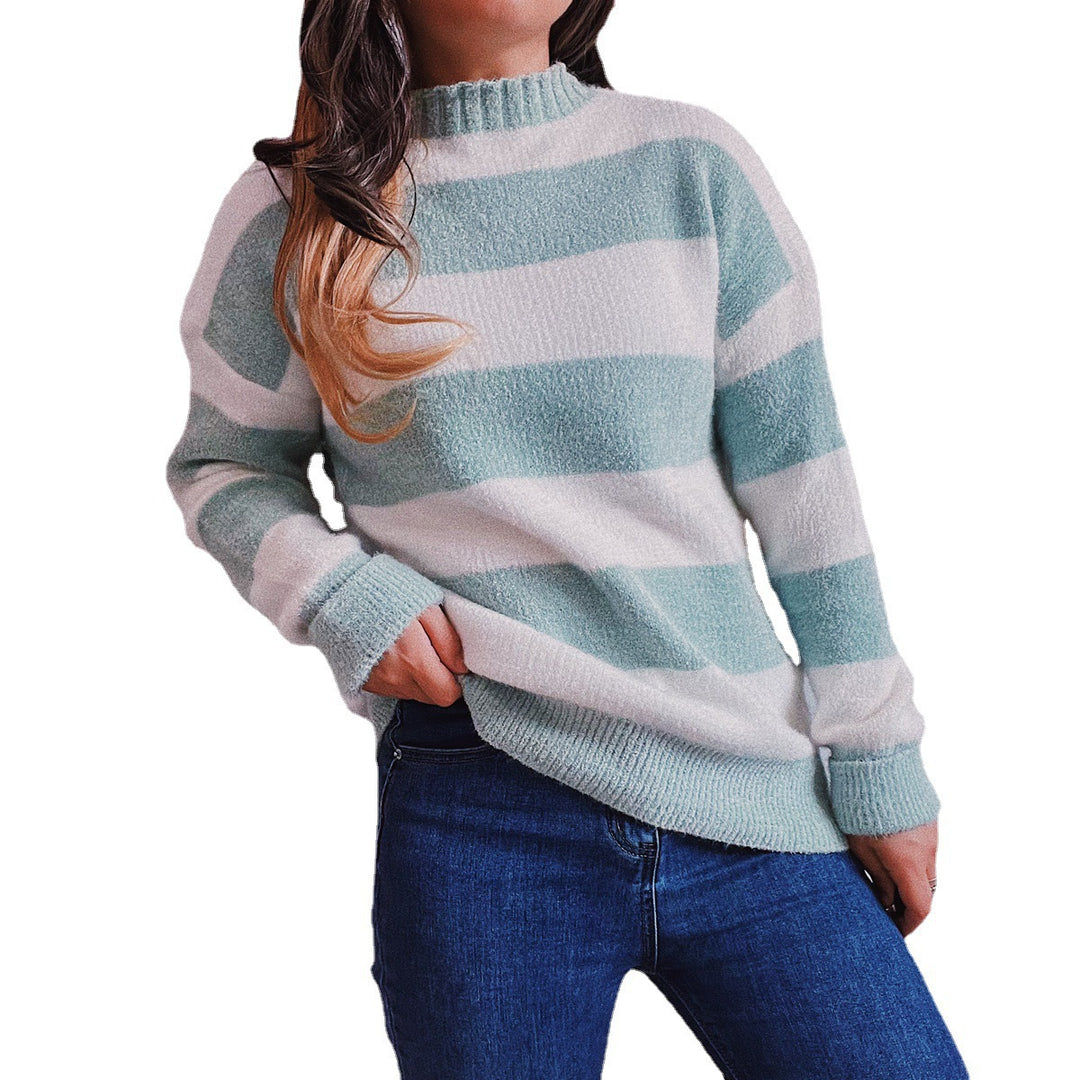 Damen Strickpullover mit modernen Blockstreifen und hohem Kragen Drune