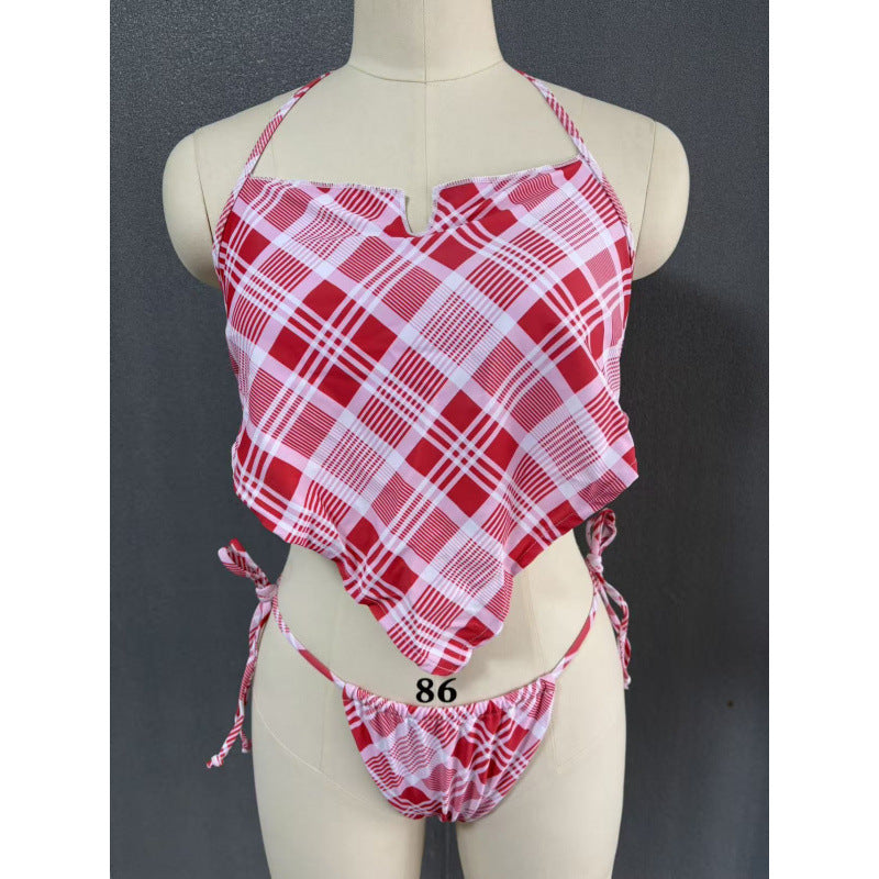 Damen Crop-Top Bikini mit asymmetrischem Schnitt und modischem Karomuster Drune