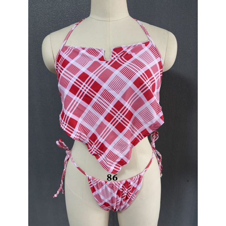 Damen Crop-Top Bikini mit asymmetrischem Schnitt und modischem Karomuster Drune