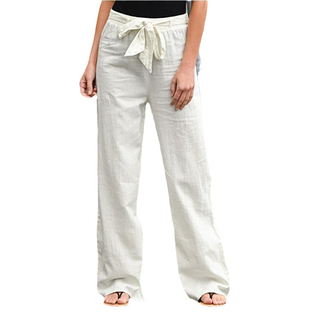 Damen nan weite Leinenhose mit Tunnelzugbund, geradem Bein und Eingrifftaschen Drune