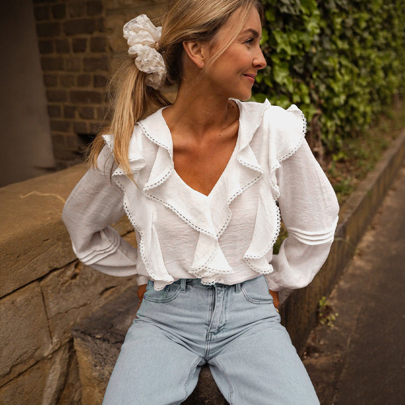 Damen Bluse mit Rüschendetails und elegantem V-Ausschnitt Drune