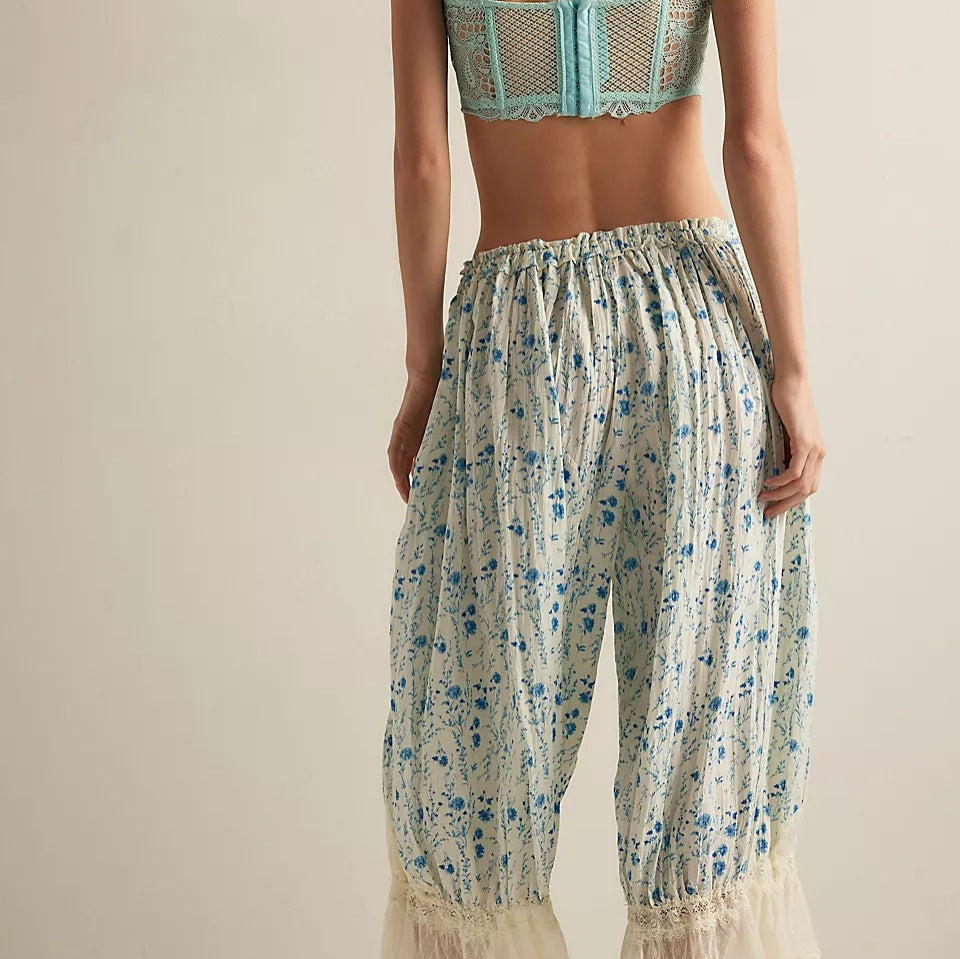 Damen Blumenmuster Hose mit Spitzenabschlüssen Drune