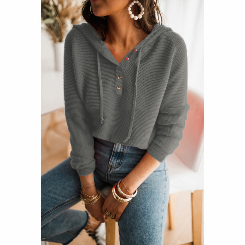 Damen cropped Kapuzenpullover mit strukturiertem Stoff und dekorativen Knöpfen Drune
