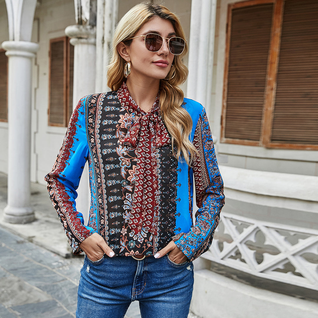 Damen Bluse mit Rüschendetails und kontrastierenden Mustern Drune