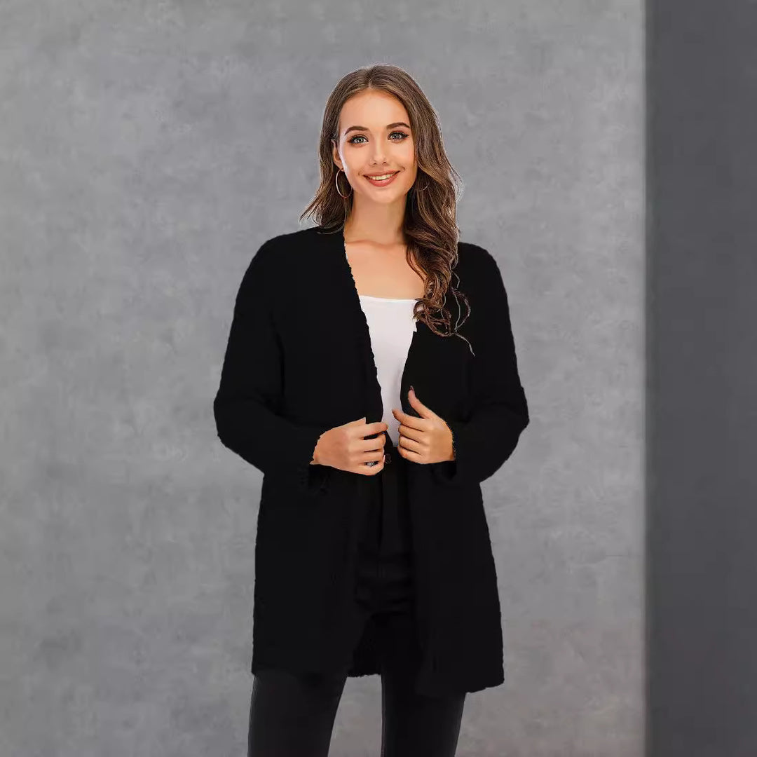 Damen kuschelige Strickjacke mit offenem Schnitt und großen Taschen Drune