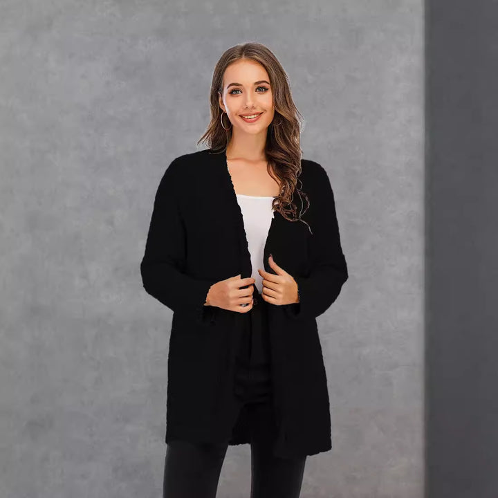 Damen kuschelige Strickjacke mit offenem Schnitt und großen Taschen Drune