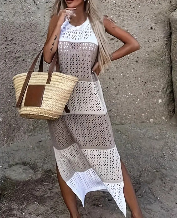 Damen Lässiges Strickkleid mit raffiniertem Lochmuster und seitlichen Schlitzen Drune