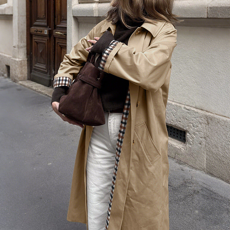 Damen modischer Trenchcoat mit kariertem Innenfutter und praktischem Schnitt Drune
