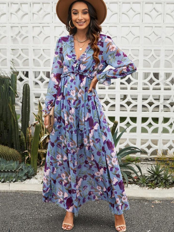 Damen Maxikleid mit floralem Vintage-Druck und V-Ausschnitt Drune
