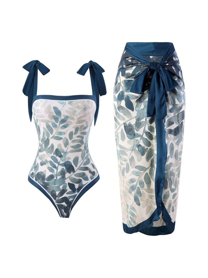 Damen Eleganter Badesuit mit floralen Akzenten und modischem Wickelrock Drune