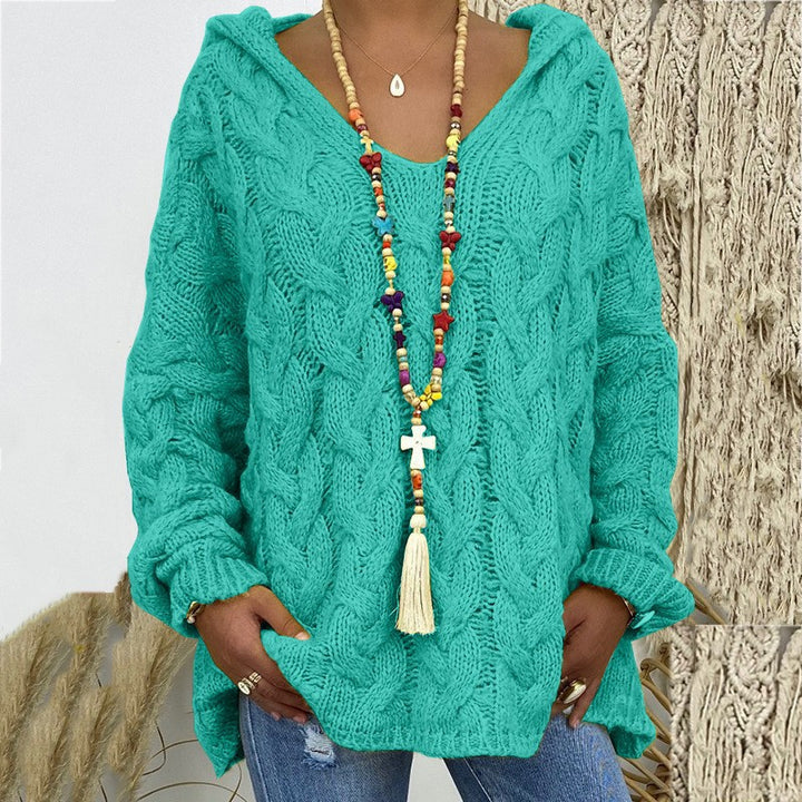 Damen nan oversized Kapuzenpullover mit Zopfmuster, tiefem V-Ausschnitt und seitlichen Schlitzen Drune