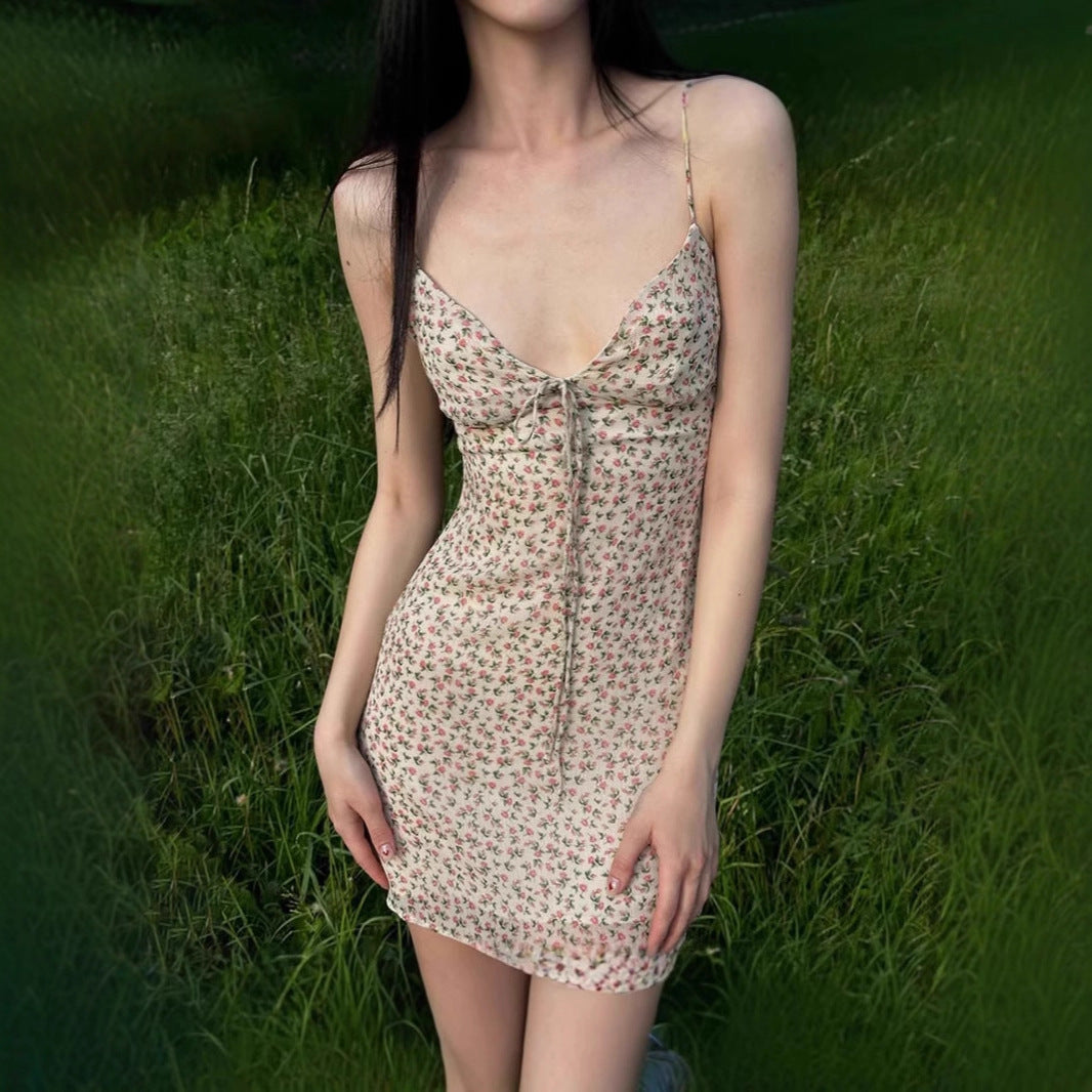 Damen Sommerliches Minikleid mit floralem Muster und Schnürung Drune