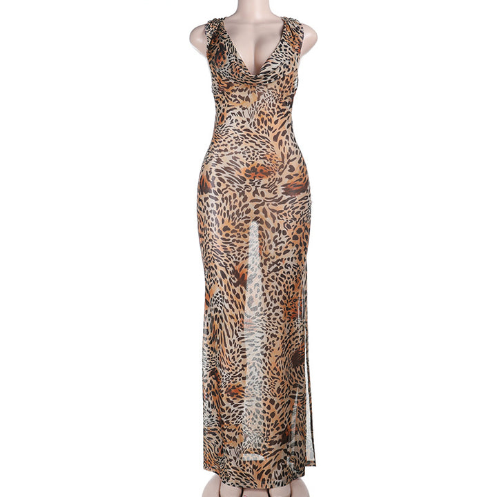 Damen Maxi-Kleid mit elegantem Cowl-Ausschnitt und tierischem Design Drune