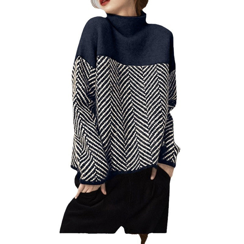 Damen Grobstrickpullover mit hochgeschlossenem Kragen und modernem Chevron-Muster Drune