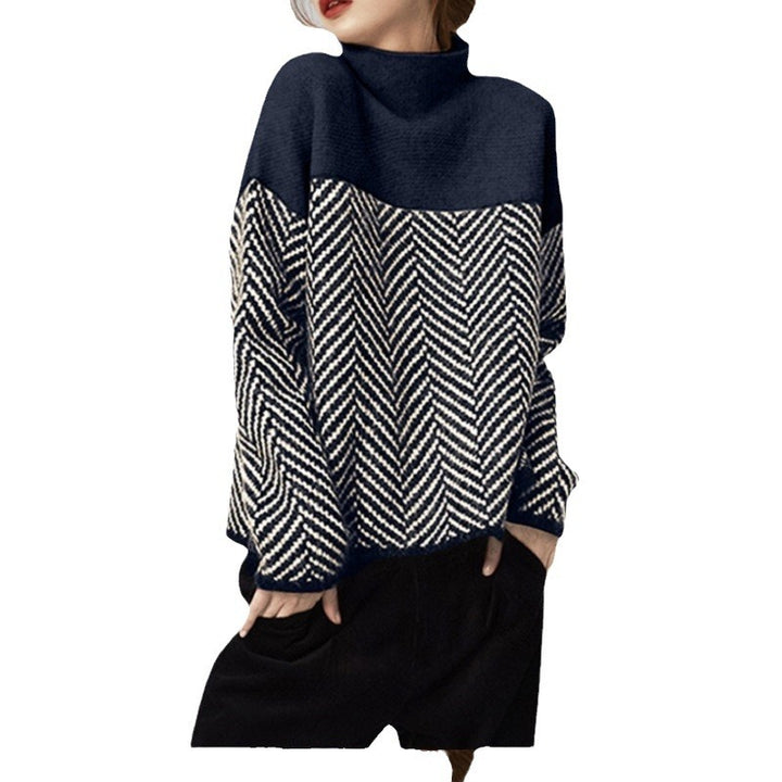 Damen Grobstrickpullover mit hochgeschlossenem Kragen und modernem Chevron-Muster Drune