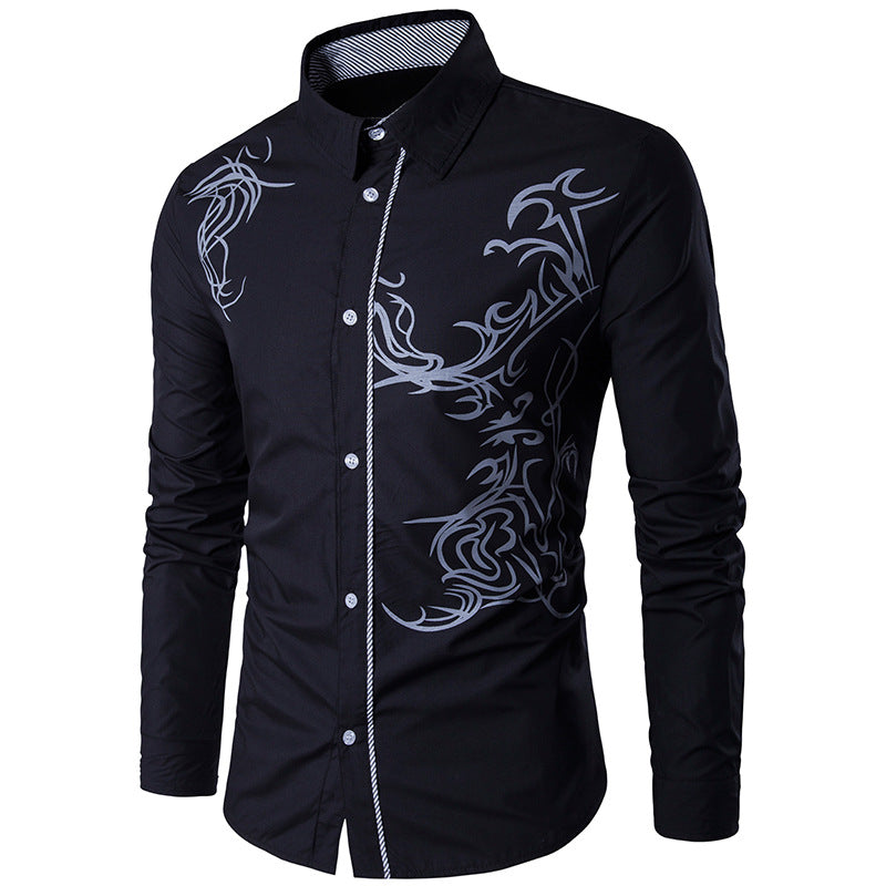 Herren nan figurbetontes Hemd mit Tribal-Print, verdeckter Knopfleiste und Kontrastkragen Drune