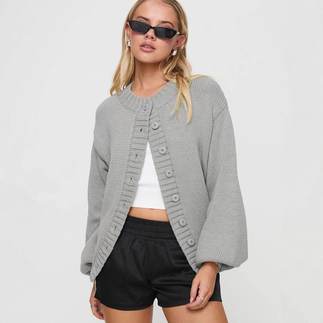 Damen kuschelige Strickjacke mit voluminösen Ärmeln und dekorativen Knopfdetails Drune